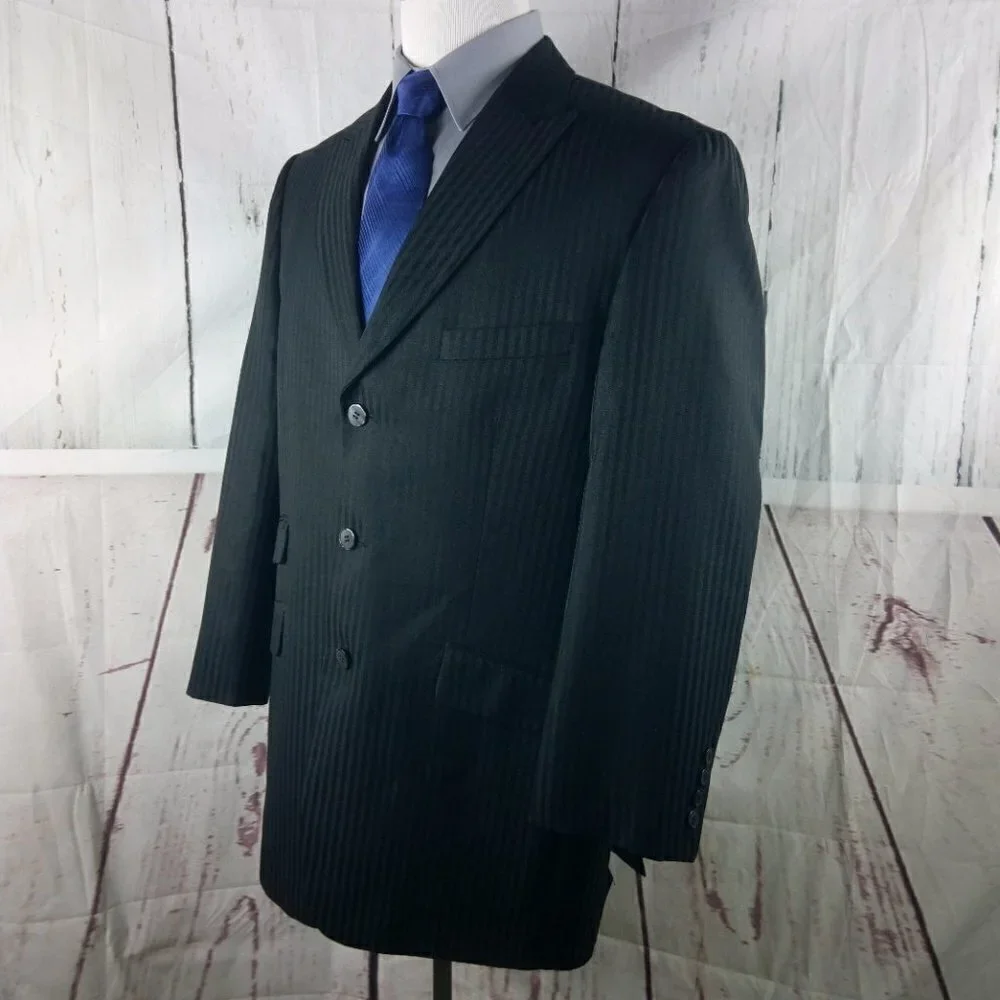 Vitaliano Super 150's 44L 3 Button Black Herringbone Striped Suit Blazer Jacket
